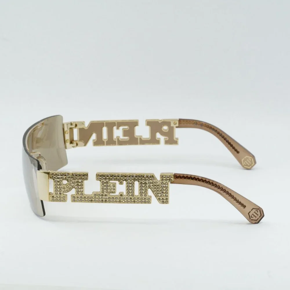 Gold Shield Rimless Sunglasses with Embellished Temples